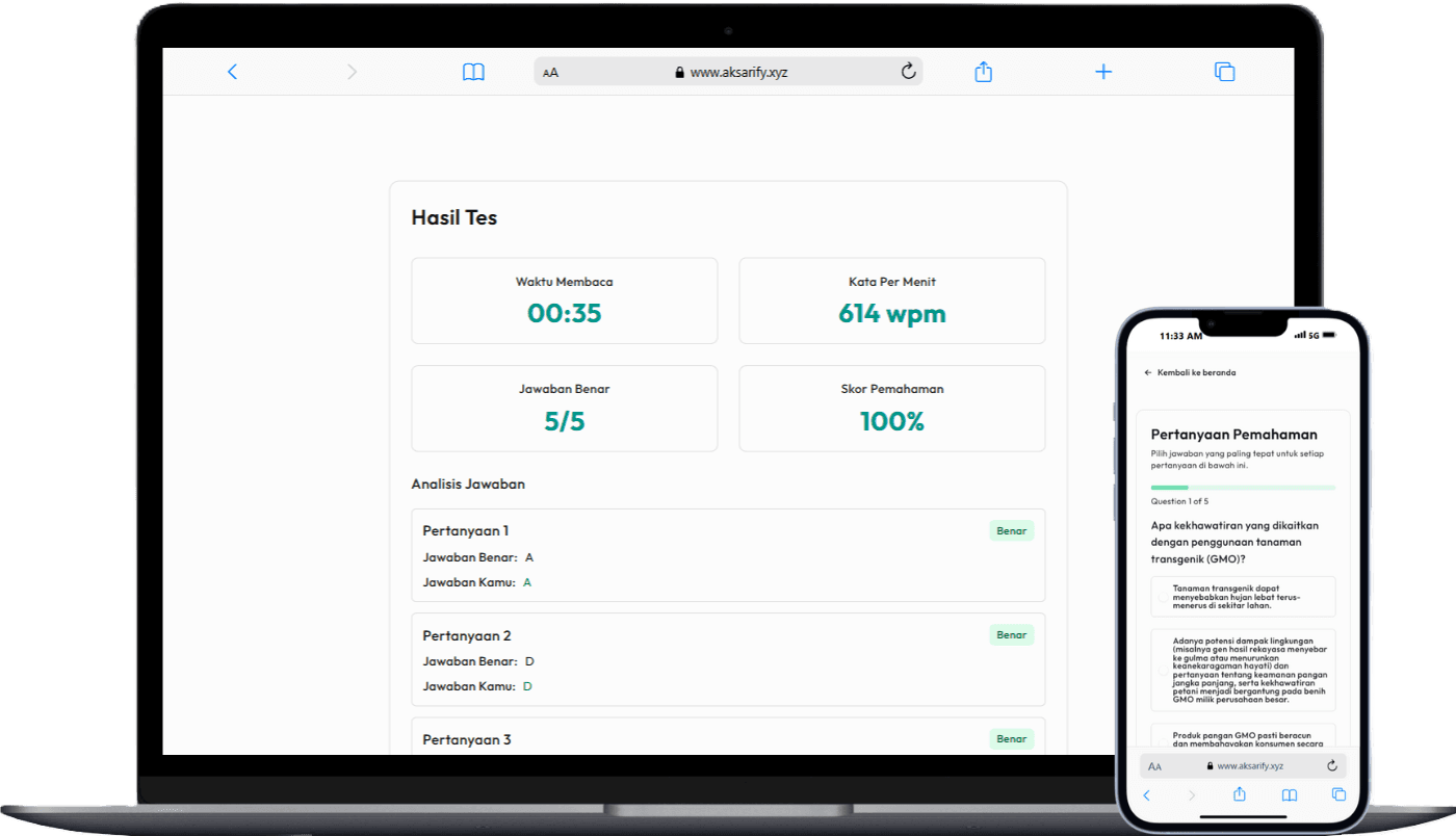 Tampilan platform Aksarify untuk tes pemahaman bacaan Bahasa Indonesia